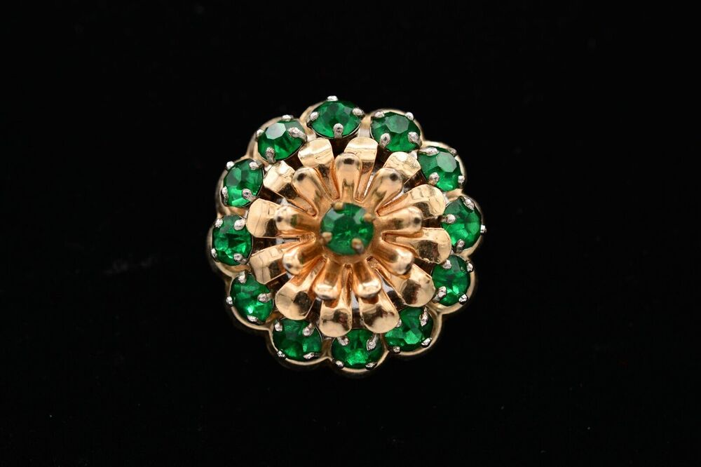 Barclay Vintage Flower Pin Brooch Green Rhinestone Crystal Signed 1940s BinAT